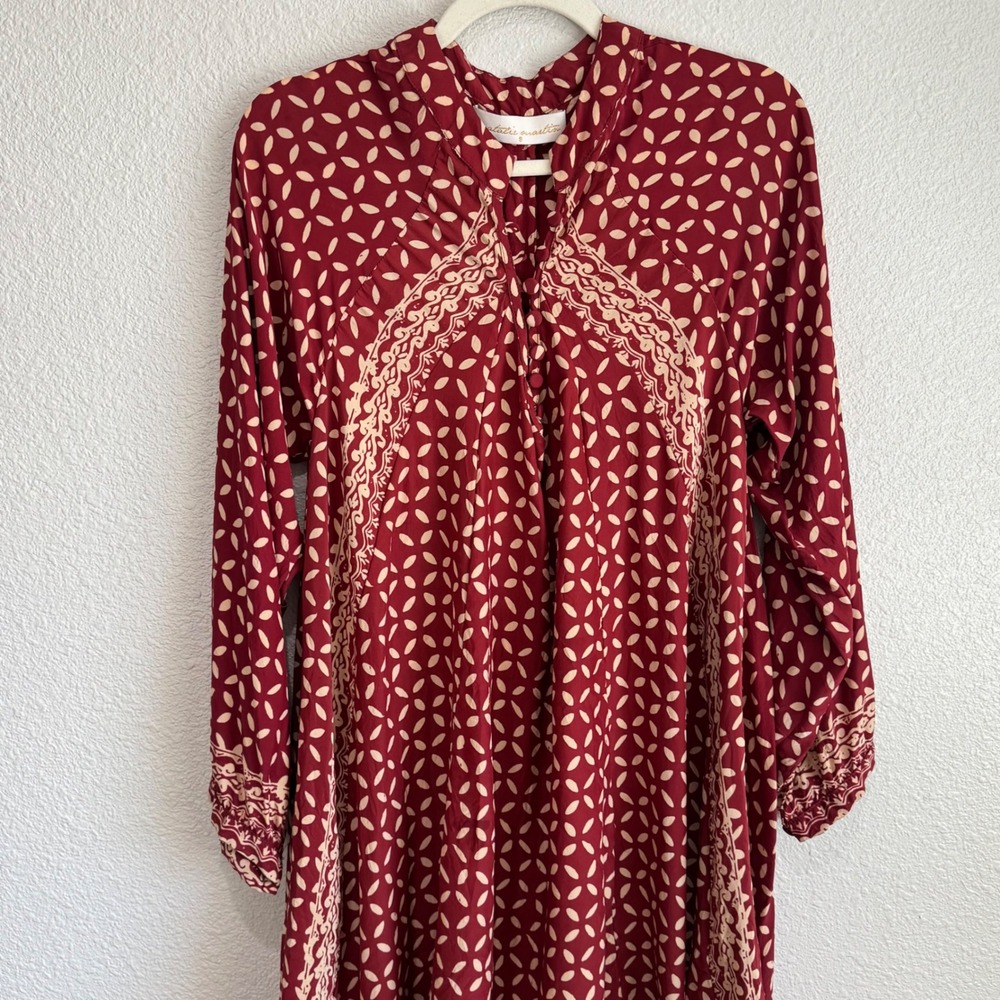 Natalie Martin Silk Burgundy Batik Print Long Sleeve Tunic Boho Dress S Resort - Picture 2 of 9